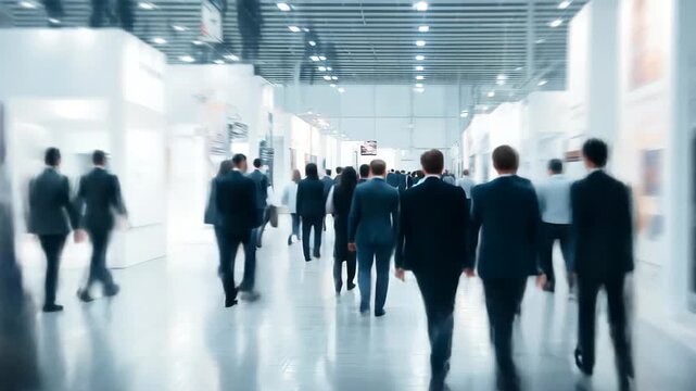 Crowd of business professionals networking at a trade fair in an exhibition center during daytime