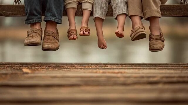 Multiple pairs of feet, some bare, some in shoes, dangling from a wooden dock.