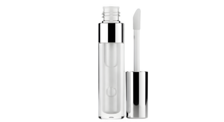 Clear shimmer lip gloss in open tube with applicator wand, isolated on transparent background