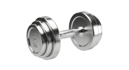 Shiny chrome dumbbell for weightlifting and fitness training isolated on transparent background