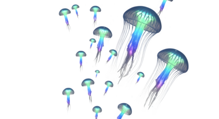 Group of colorful, translucent jellyfish swimming upwards, digitally rendered illustration isolated on transparent background