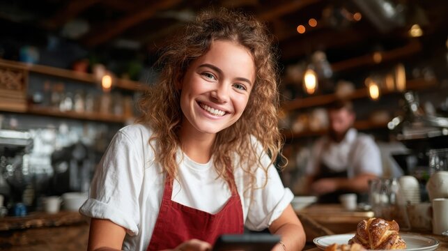 A cheerful barista in a cozy café smiles warmly while holding a phone, embodying a friendly atmosphere and excellent customer service in a delightful coffee shop. - Powered by Adobe