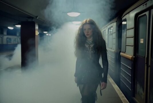 A red haired woman in black lace walks toward camera on a fog filled subway platform beside a vintage train marked 5, with low key lighting and deep shadows.