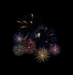 Festive colorful fireworks display isolated on black background for celebration and anniversary