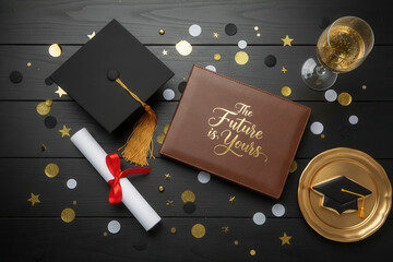 Graduation celebration with a diploma cap and champagne toasting to future success