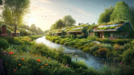 Lush green sustainable village by a river