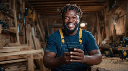 A cheerful artisan in a workshop holds a smartphone, conveying joy and creativity while surrounded by woodworking tools, showcasing craftsmanship and happiness in the trade.