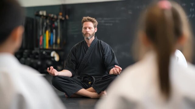 Martial arts instructor guides students in meditation for mental focus and discipline during training session in a dojo