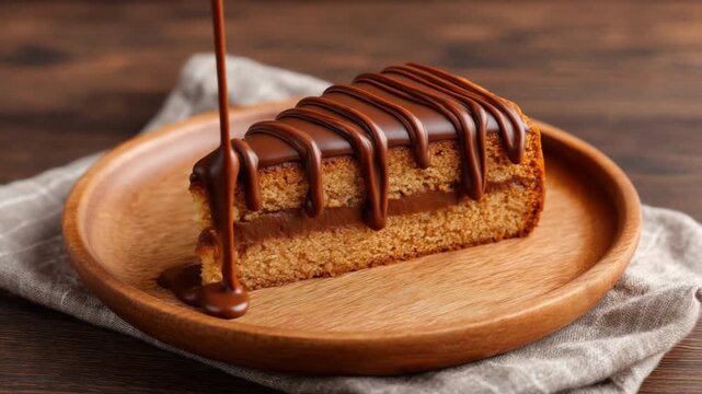 Delicious Chocolate Drizzled Cake Slice on Wooden Plate with Cozy Background and Warm Lighting 4k video footage