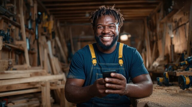 A cheerful artisan in a workshop holds a smartphone, conveying joy and creativity while surrounded by woodworking tools, showcasing craftsmanship and happiness in the trade. - Powered by Adobe
