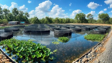 Fish farm with numerous circular enclosures