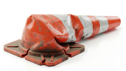 Crumpled traffic cone on white background, ideal for safety failure concept videos and accident prevention themes