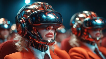 An audience of individuals wearing reflective, high-tech headgear captivates attention in a futuristic setting, highlighting the intersection of technology and human experience.