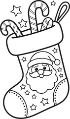 Cute cartoon vector illustration of a funny Santa Claus chef character wearing a hat with a bag of Christmas gifts for a coloring book design