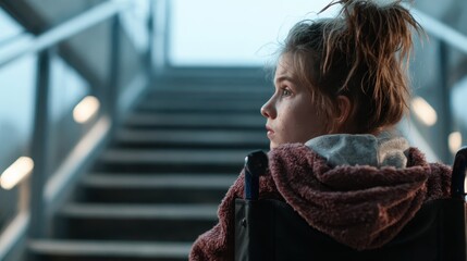 A contemplative girl in a wheelchair is gazing up the stairs, portraying resilience and hope while navigating through life's challenges in a modern urban environment.
