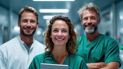 Three healthcare professionals with a warm smile are holding a tablet in a hospital corridor, symbolizing teamwork and care in the medical field.