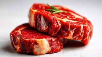 Two premium cuts of fresh raw meat, artfully arranged, showcasing vibrant colors and texture, perfect for culinary enthusiasts and showcasing the art of cooking.