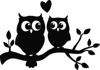 Fototapeta premium Cute Black Silhouette of Two Owls Perched on a Tree Branch with a Small Heart