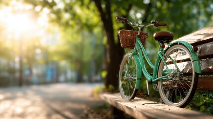 Naklejka premium A charming turquoise bicycle rests on a wooden park bench, illuminated by warm sunlight, embodying themes of leisure, simplicity, and the enjoyment of outdoor activities in a serene environment.