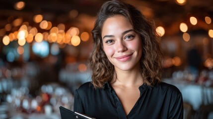 Obraz premium A smiling restaurant manager holds a clipboard and welcomes guests warmly, embodying hospitality and professionalism in a beautiful dining setting with vibrant ambiance.