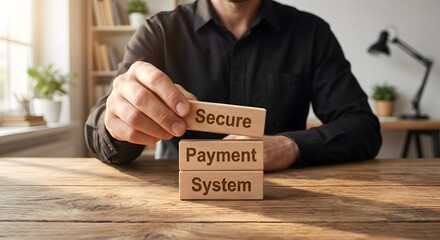 Secure Digital Payment System Concept with Wooden Blocks on Modern Desk