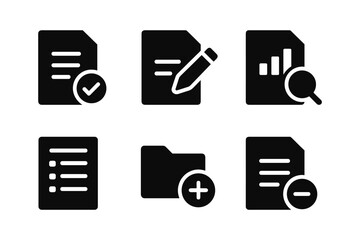Document management icons set: filing, editing, analytics, checklist in minimalist black