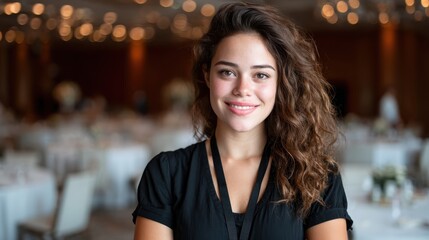A cheerful woman poses confidently in a beautifully decorated venue, encapsulating positivity and charm, showcasing the essence of social gatherings and celebratory occasions.