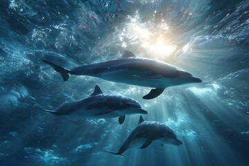 Fototapeta premium A Serene Pod of Three Dolphins Gliding Through Ethereal Underwater Sunbeams