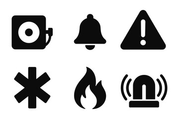 Emergency and safety icons: fire extinguisher, bell, warning, asterisk, flame, siren