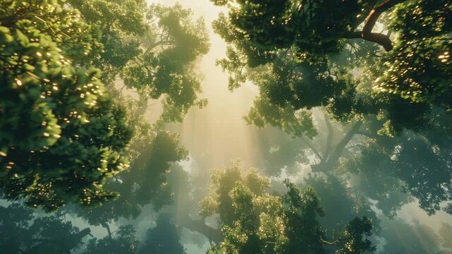 Video A sunny day in a dense forest with light shining through the treetops