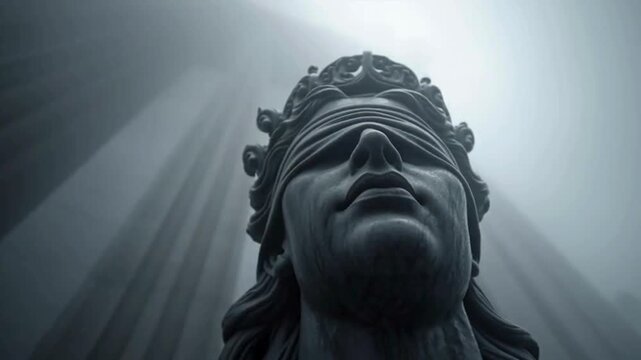 Close-up of a blindfolded Lady Justice statue with dramatic light rays through a misty atmosphere, symbolizing impartiality and law.