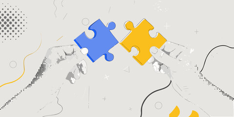 Interlocking puzzle pieces illustrate connection and problem solving concepts graphically