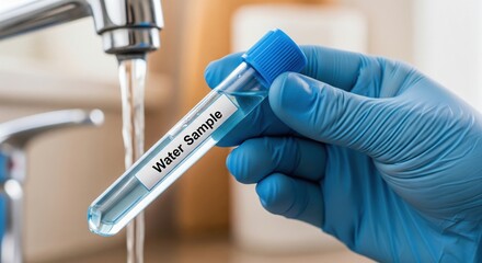 Laboratory technician holding a water sample test tube under running tap water, concept of water quality testing, safety control, environmental analysis and public health research