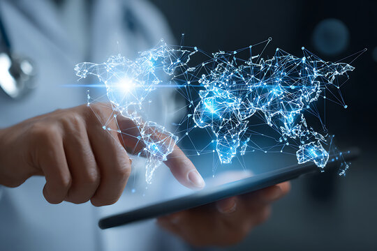 Connecting Global Health: Physician Interacts with Luminous Plexus World Map on Tablet - Powered by Adobe