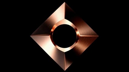 Abstract metallic geometric shape with a central circular void against a dark background, featuring reflective bronze tones.
