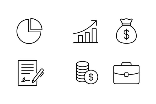Financial icons set featuring linear growth chart, coin stack, and budget symbols