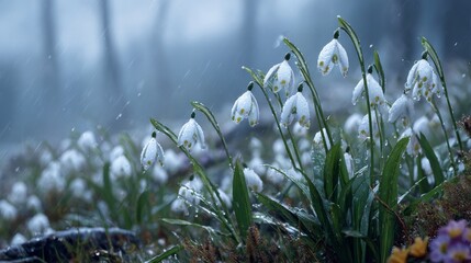 Gentle awakening of spring flowers amidst misty curtis. Scifi poster. Vibrant floral display amidst embracing mist and subtle snowflakes. Poster illustration. Visual poster.
