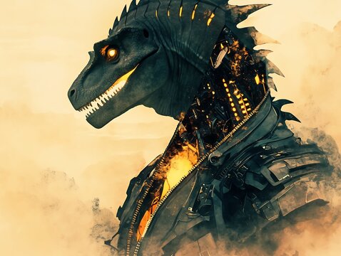 dragon face art, dinosaur, zipper on the jacket