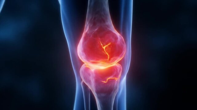 Knee joint MRI shows a highlighted inflammatory area near cartilage and capsule with high contrast