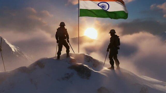 Indian Soldiers Standing Proudly on Snow-Covered Himalayan Peak at Sunrise with Indian Flag &mdash; Patriotic Cinematic 4K Video