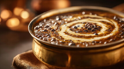 Slow-cooked dal makhani in a brass bowl, creamy black lentils with butter swirl, smoked aroma