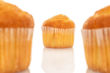 Sweet cupcake isolated on white background, close-up.