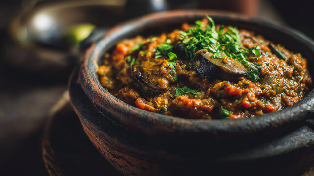 Smoky baingan bharta cooked into a rustic chunky gravy, roasted eggplant aroma, coriander garnish, earthy tones