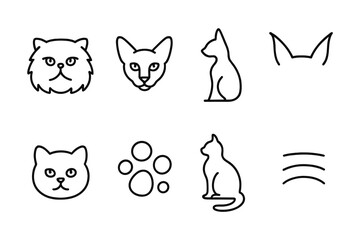 Minimalist cat icons set: simple line art illustrations of various cat poses and faces