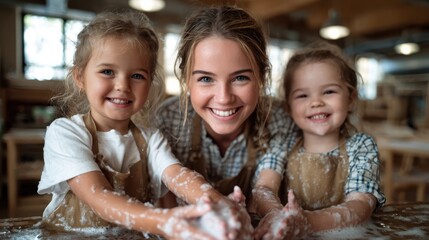 A heartwarming image of two joyful girls and their mother covered in flour, demonstrating the joy of baking together, representing family bonds, creativity, and childhood delight.