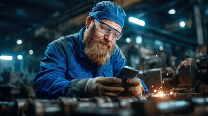 A rugged worker with a beard is focused on his smartphone while sparks fly in the background, showcasing the blend of modern technology and traditional craftsmanship in industry.