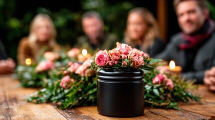 Obraz premium A poignant image capturing a memorial setting adorned with flowers and candles, reflecting themes of remembrance, loss, and the support of friends and family in difficult times.