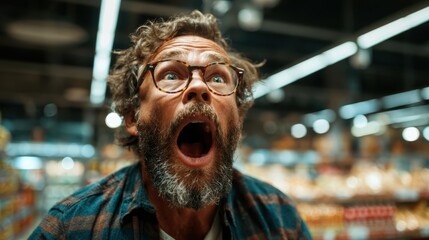 A shocked bearded man with wide eyes and an open mouth stands amidst brightly lit grocery store shelves, illustrating the intense emotions of surprise and astonishment in an everyday setting.