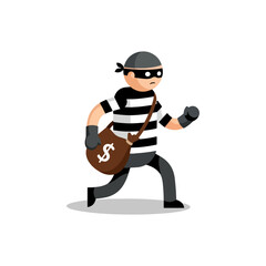 Cartoon thief running with a bag of money.