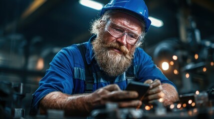 A bearded construction worker wearing a blue hard hat and glasses examines his phone at a work site, blending modern technology with traditional craftsmanship in the construction industry.